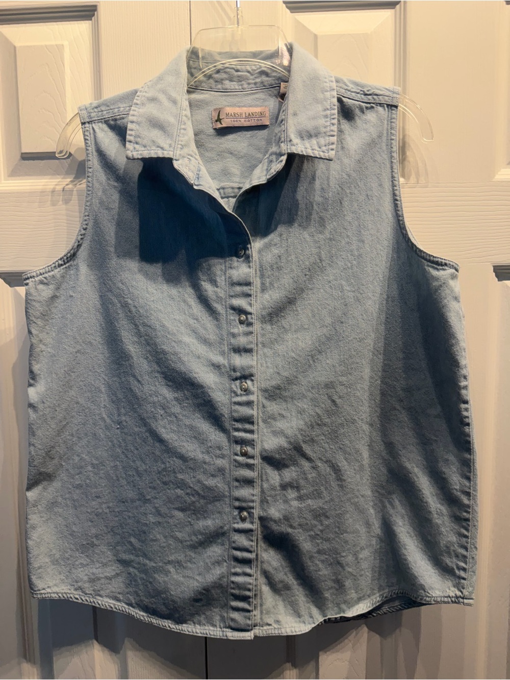 Marsh Landing Light Blue Chambray Sleeveless Striped Button-Down Denim Top